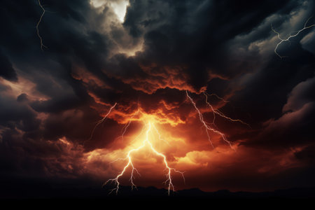 Lightning and stormy grey clouds. Realistic, cinemaitic llustration made with Generative AIの素材