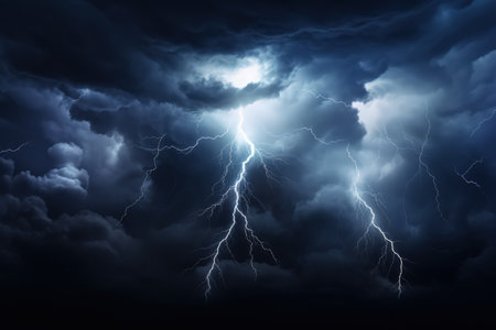 Lightning and stormy grey clouds. Realistic, cinemaitic llustration made with Generative AIの素材