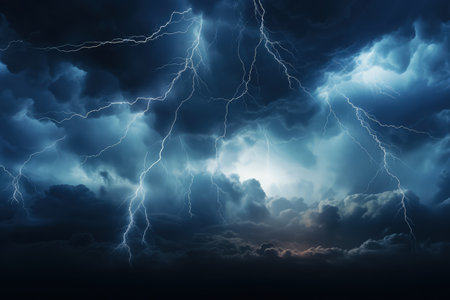 Lightning and stormy grey clouds. Realistic, cinemaitic llustration made with Generative AIの素材