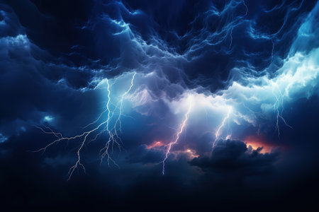 Lightning and stormy grey clouds. Realistic, cinemaitic llustration made with Generative AIの素材