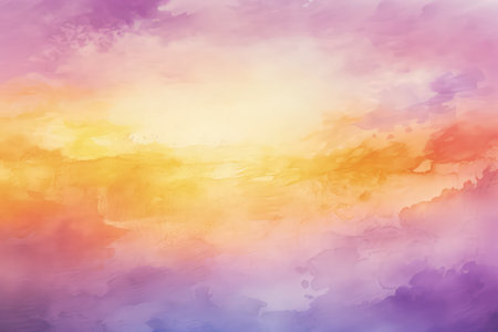 Abstract watercolor background, sunset sky colors, orange, pink, yellow, purple. Made with Generative AIの素材