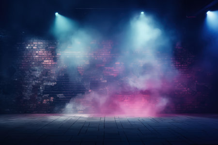 Background of an empty wall, a ray of light in the basement, smoke, neon lights, cinematic lights in studio. Made with Generative AIの素材