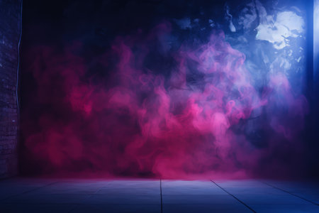 Background of an empty wall, a ray of light in the basement, smoke, neon lights, cinematic lights in studio. Made with Generative AIの素材