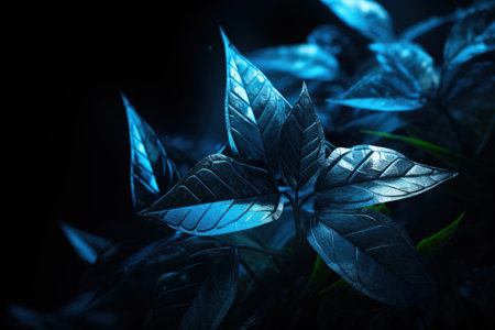 Image of emerald blue leaves, macro photo realistic illustration, dark background. Made with Generative AIの素材