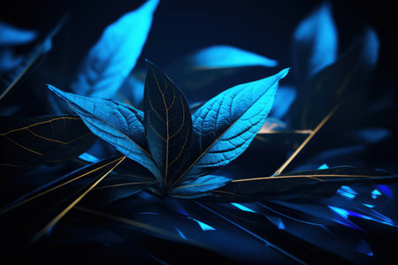 Image of emerald blue leaves, macro photo realistic illustration, dark background. Made with Generative AIの素材