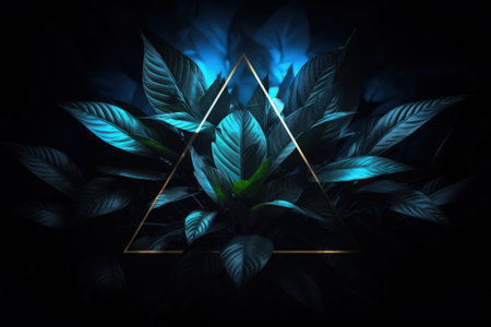 Image of emerald blue leaves, macro photo realistic illustration, dark background. Made with Generative AIの素材