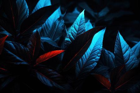 Image of emerald blue leaves, macro photo realistic illustration, dark background. Made with Generative AIの素材