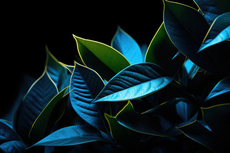 Image of emerald blue leaves, macro photo realistic illustration, dark background. Made with Generative AIの素材