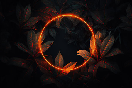 Image of leaves in orange neon circle, dark background. Made with Generative AIの素材