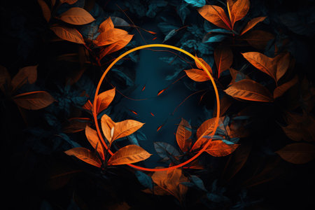 Image of leaves in orange neon circle, dark background. Made with Generative AIの素材