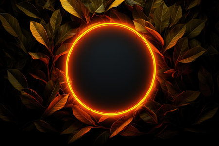 Image of leaves in orange neon circle, dark background. Made with Generative AIの素材