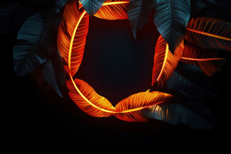 Image of leaves in orange neon circle, dark background. Made with Generative AIの素材