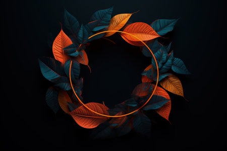 Image of leaves in orange neon circle, dark background. Made with Generative AIの素材