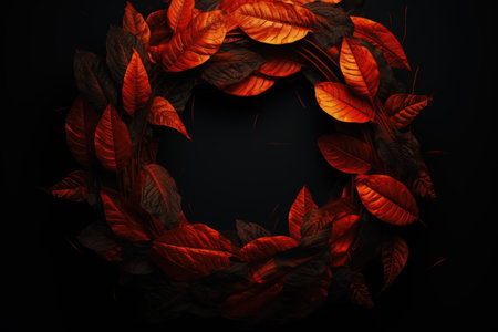 Image of orange and red leaves, empty space, dark background. Made with Generative AIの素材