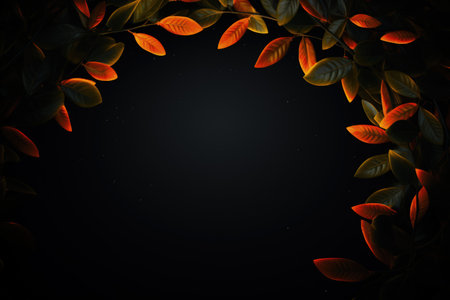 Image of orange and red leaves, empty space, dark background. Made with Generative AIの素材