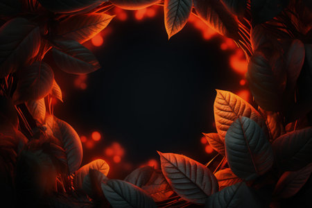 Image of orange and red leaves, empty space, dark background. Made with Generative AIの素材