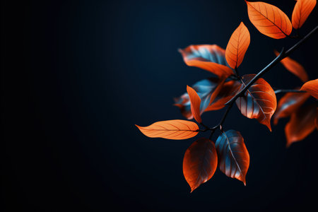 Golden, yellow and orange leaves on a dark background with empty space. Shiny and fresh. Made with Generative AIの素材