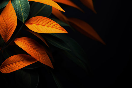Golden, yellow and orange leaves on a dark background with empty space. Shiny and fresh. Made with Generative AIの素材