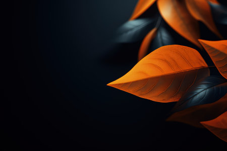 Golden, yellow and orange leaves on a dark background with empty space. Shiny and fresh. Made with Generative AIの素材