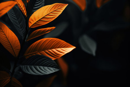 Golden, yellow and orange leaves on a dark background with empty space. Shiny and fresh. Made with Generative AIの素材
