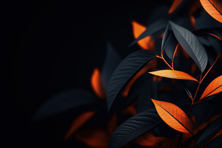 Golden, yellow and orange leaves on a dark background with empty space. Shiny and fresh. Made with Generative AIの素材