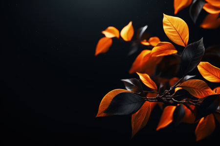 Golden, yellow and orange leaves on a dark background with empty space. Shiny and fresh. Made with Generative AIの素材