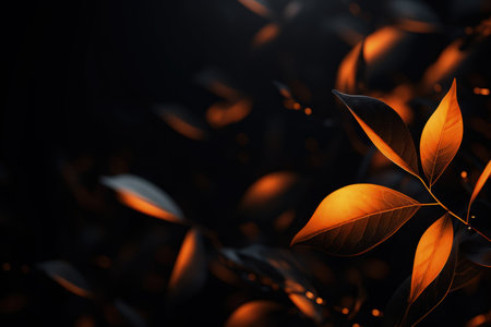 Golden, yellow and orange leaves on a dark background with empty space. Shiny and fresh. Made with Generative AIの素材