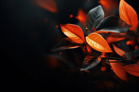 Golden, yellow and orange leaves on a dark background with empty space. Shiny and fresh. Made with Generative AIの素材