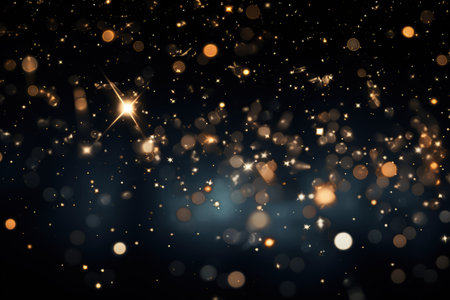 Image of stars floating over light spots on black background, bokeh, blurry, sparks. Made with Generative AIの素材