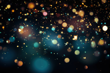 Image of stars floating over light spots on black background, bokeh, blurry, sparks. Made with Generative AIの素材