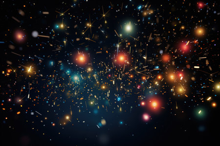 Image of stars floating over light spots on black background, bokeh, blurry, sparks. Made with Generative AIの素材