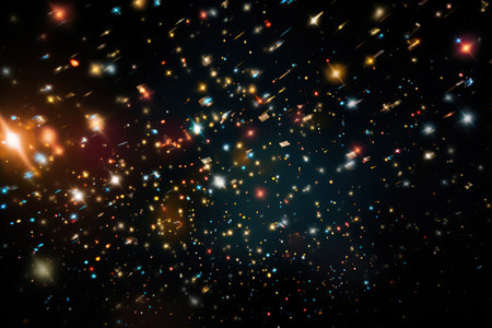 Image of stars floating over light spots on black background, bokeh, blurry, sparks. Made with Generative AIの素材