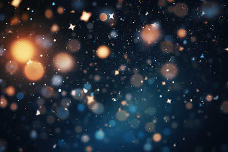 Image of stars floating over light spots on black background, bokeh, blurry, sparks. Made with Generative AIの素材