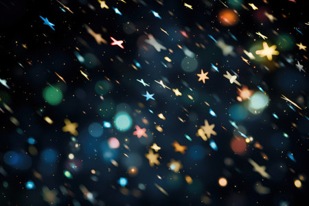 Image of stars floating over light spots on black background, bokeh, blurry, sparks. Made with Generative AIの素材