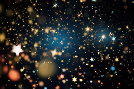 Image of stars floating over light spots on black background, bokeh, blurry, sparks. Made with Generative AIの素材