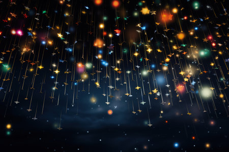 Image of stars floating over light spots on black background, bokeh, blurry, sparks. Made with Generative AIの素材