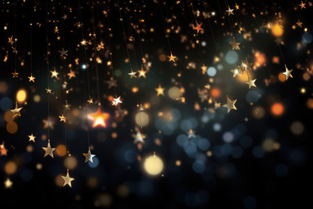 Image of stars floating over light spots on black background, bokeh, blurry, sparks. Made with Generative AIの素材