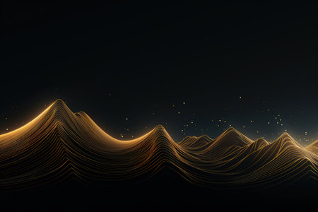 Gold mountains on a dark background. Luxury abstract banner. Flowing and shiny. Made with Generative AIの素材
