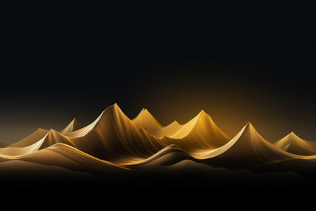 Gold mountains on a dark background. Luxury abstract banner. Flowing and shiny. Made with Generative AIの素材