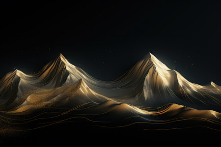 Gold mountains on a dark background. Luxury abstract banner. Flowing and shiny. Made with Generative AIの素材