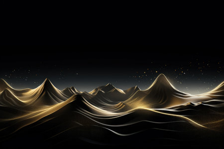 Gold mountains on a dark background. Luxury abstract banner. Flowing and shiny. Made with Generative AIの素材
