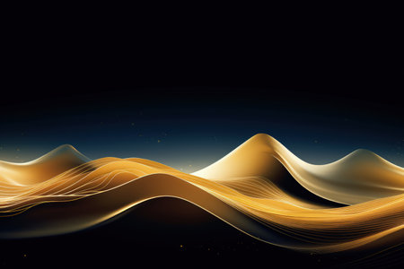 Gold mountains on a dark background. Luxury abstract banner. Flowing and shiny. Made with Generative AIの素材