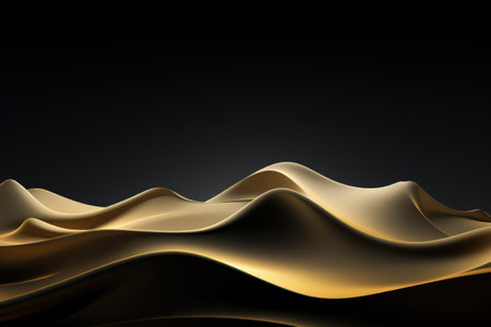 Gold mountains on a dark background. Luxury abstract banner. Flowing and shiny. Made with Generative AIの素材