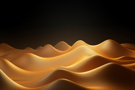 Gold mountains on a dark background. Luxury abstract banner. Flowing and shiny. Made with Generative AIの素材