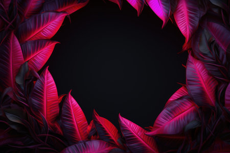 Pink leaf frame on a dark background with empty space. neon light, realistic illustration made with Generative AIの素材
