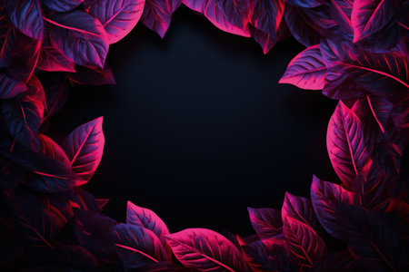 Pink leaf frame on a dark background with empty space. neon light, realistic illustration made with Generative AIの素材