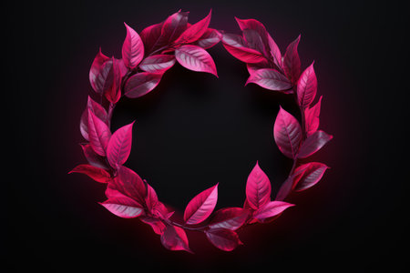 Pink leaf frame on a dark background with empty space. neon light, realistic illustration made with Generative AIの素材