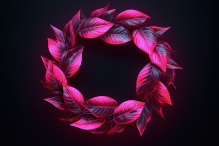 Pink leaf frame on a dark background with empty space. neon light, realistic illustration made with Generative AIの素材