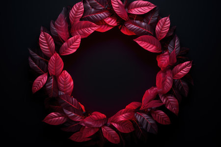 Pink leaf frame on a dark background with empty space. neon light, realistic illustration made with Generative AIの素材