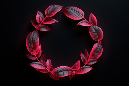 Pink leaf frame on a dark background with empty space. neon light, realistic illustration made with Generative AIの素材